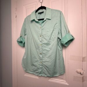 Jones New York Shirt Womens XL Turquoise Button Up Roll Tab Sleeve Cotton Top